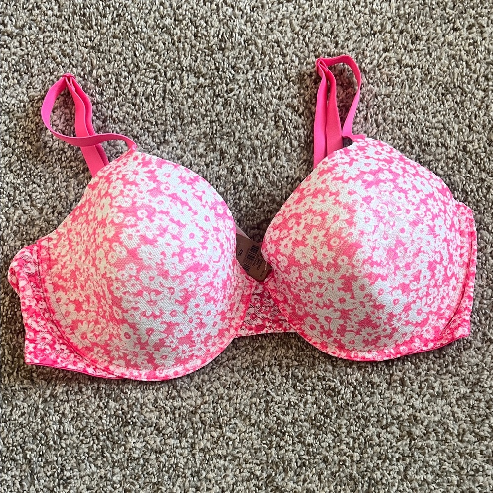 PINK Victoria's Secret Hot Pink Floral lightly lined Bra